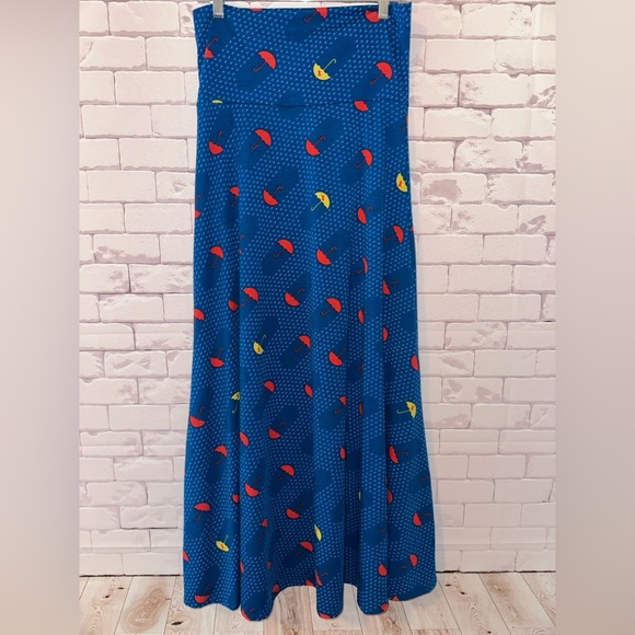 LuLaRoe Maxi Skirt Blue with Umbrellas & Hidden Unicorns Size M Summer Spring - Picture 1 of 6